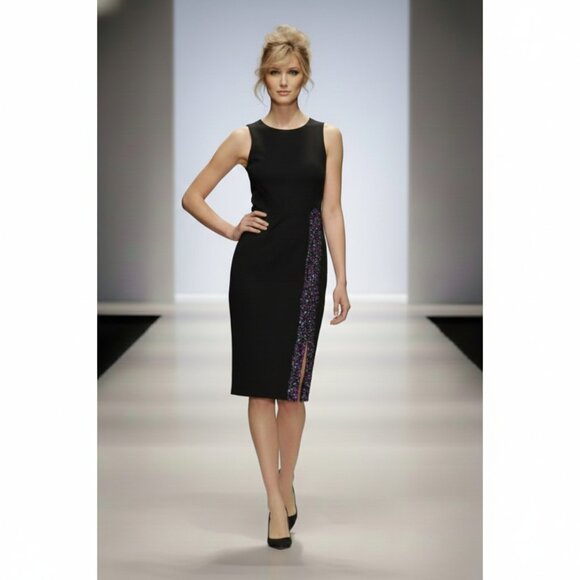 NWT Calvin Klein Black Embellished Sheath Cocktail Dress w/ Slit Size 4 - Picture 3 of 16